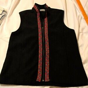 VTG Tundra Sport Wool Vest Full Zip Black Jacquard Tapestry Trim Nordic Folk Lg